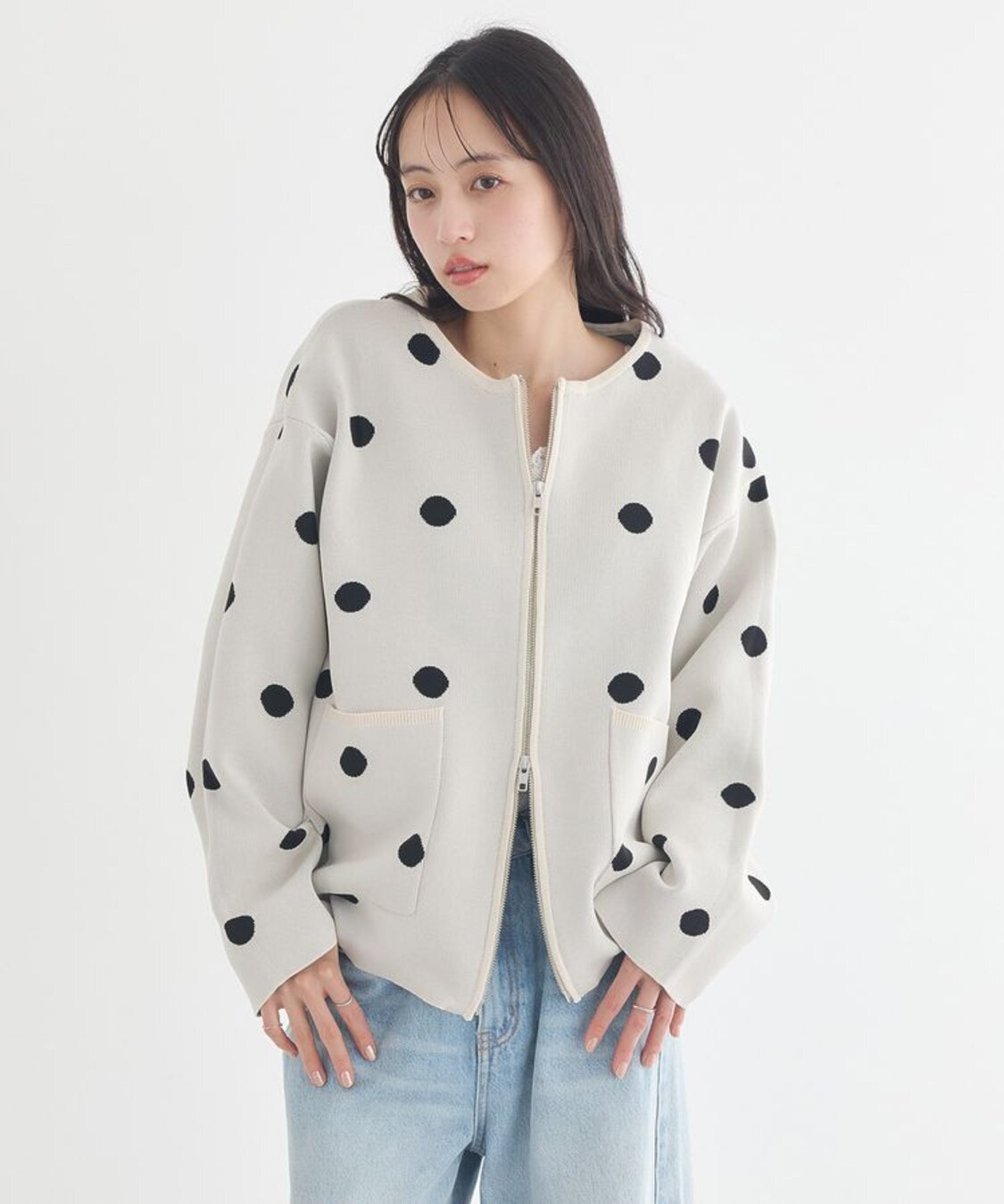 2色•波點防起毛粒針織拉鍊外套