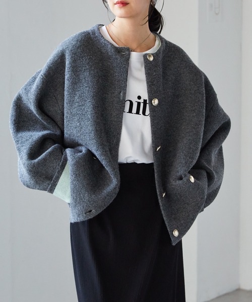 拼色金扣中長款針織外套