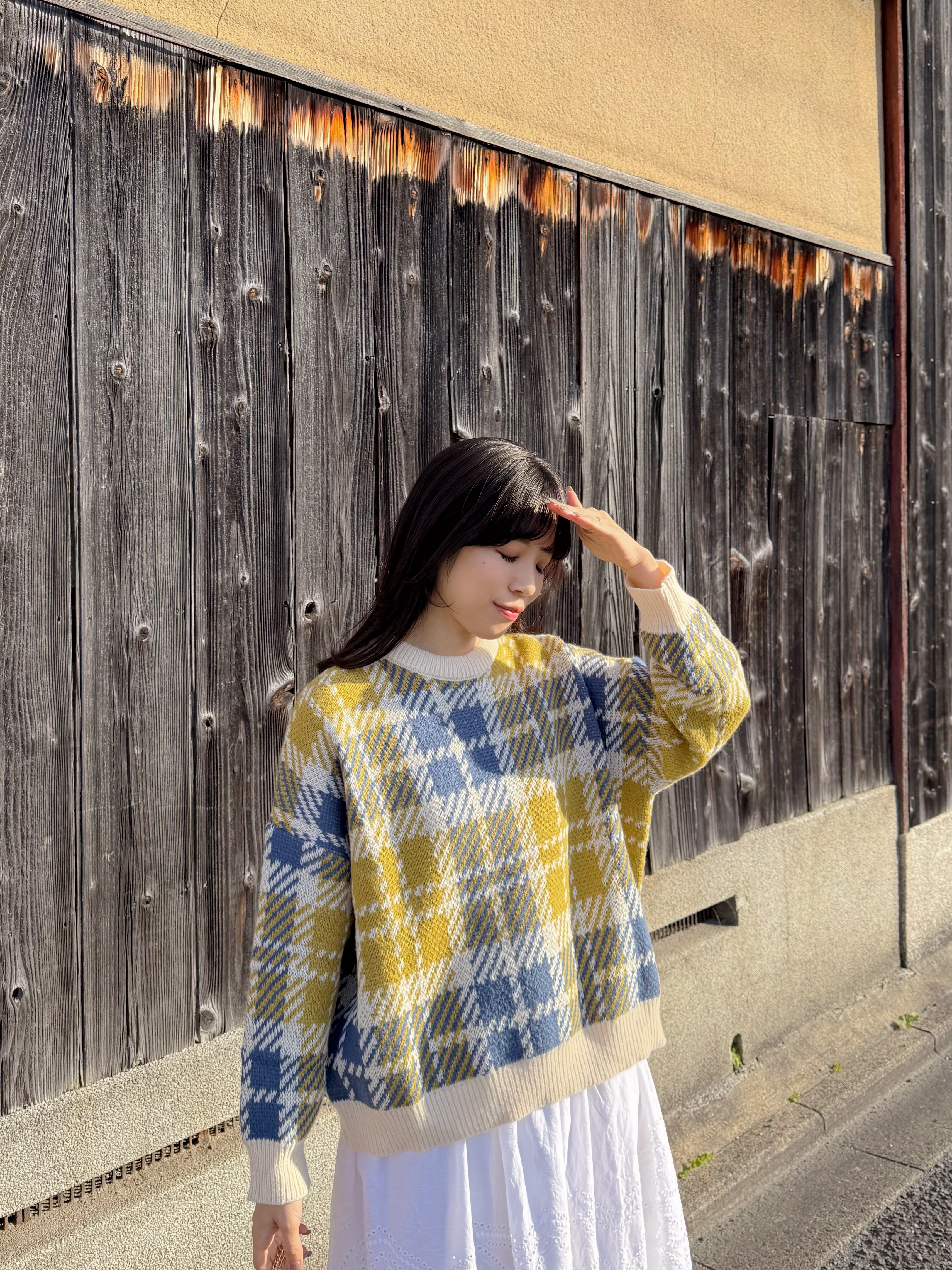 3色•英倫格紋拼色冷衫