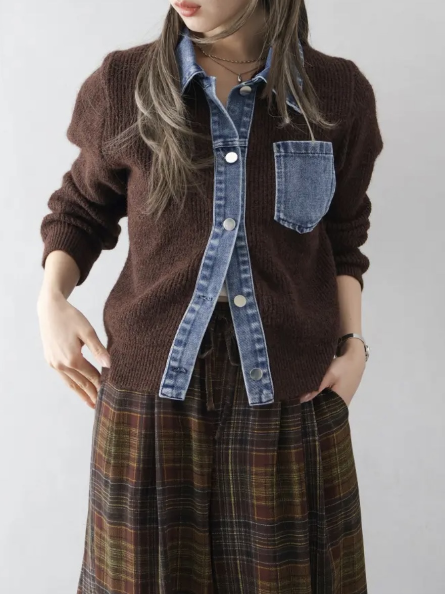 5色•拼牛仔冷衫外套