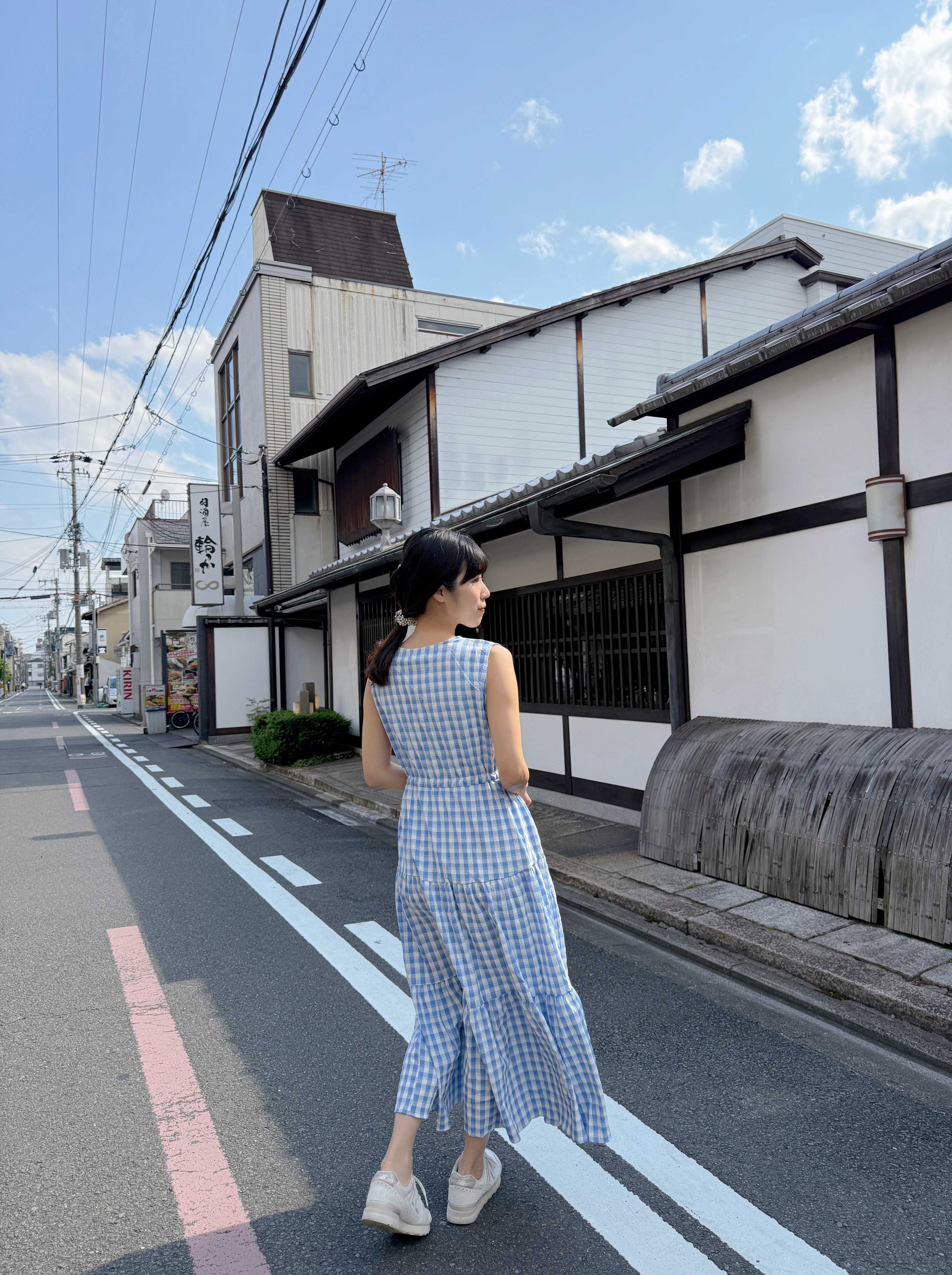 V領格仔背心雪紡連身裙