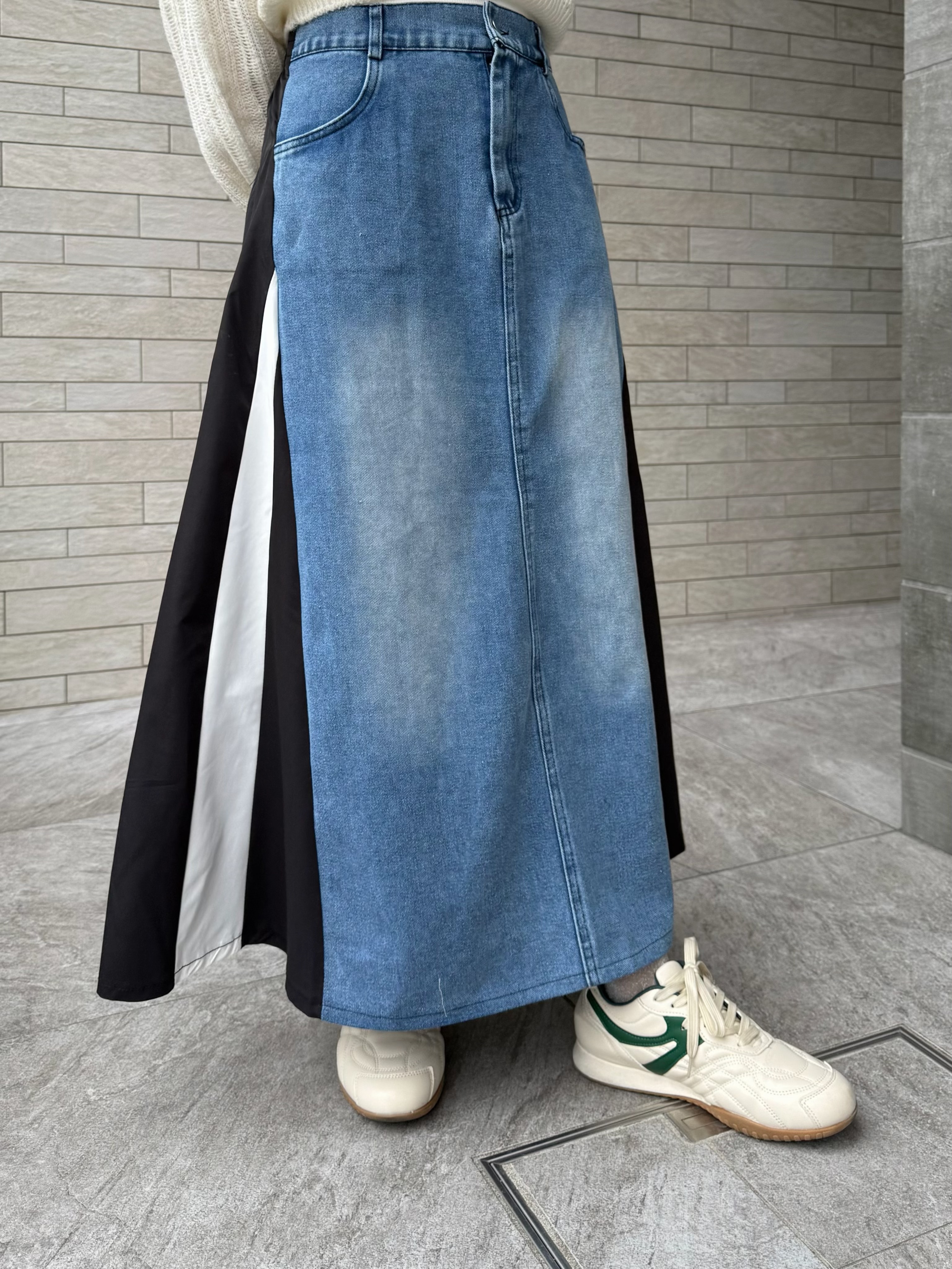 拼色布A line牛仔長款半身裙