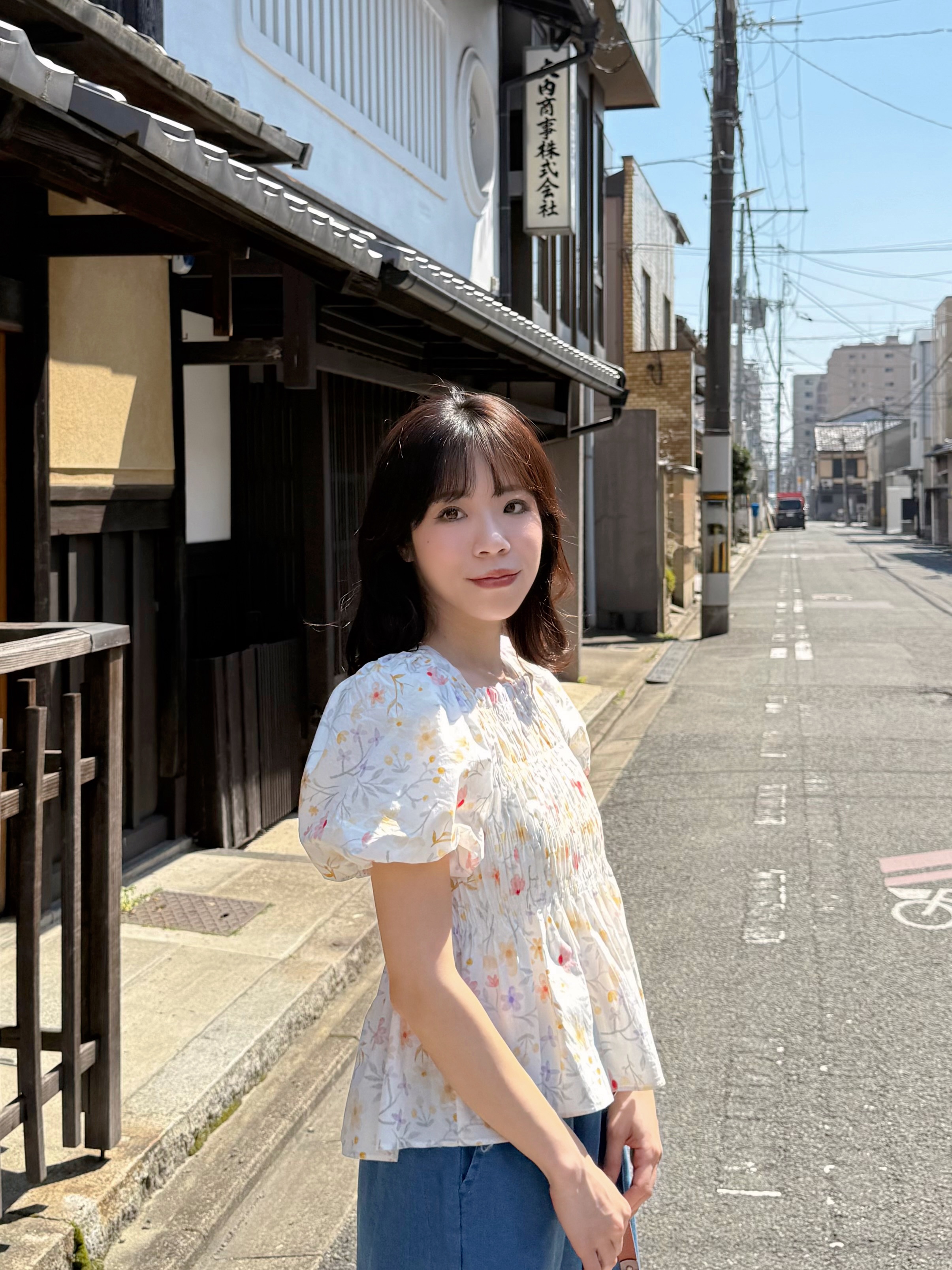 暖色系花柄方領摺摺全綿上衣