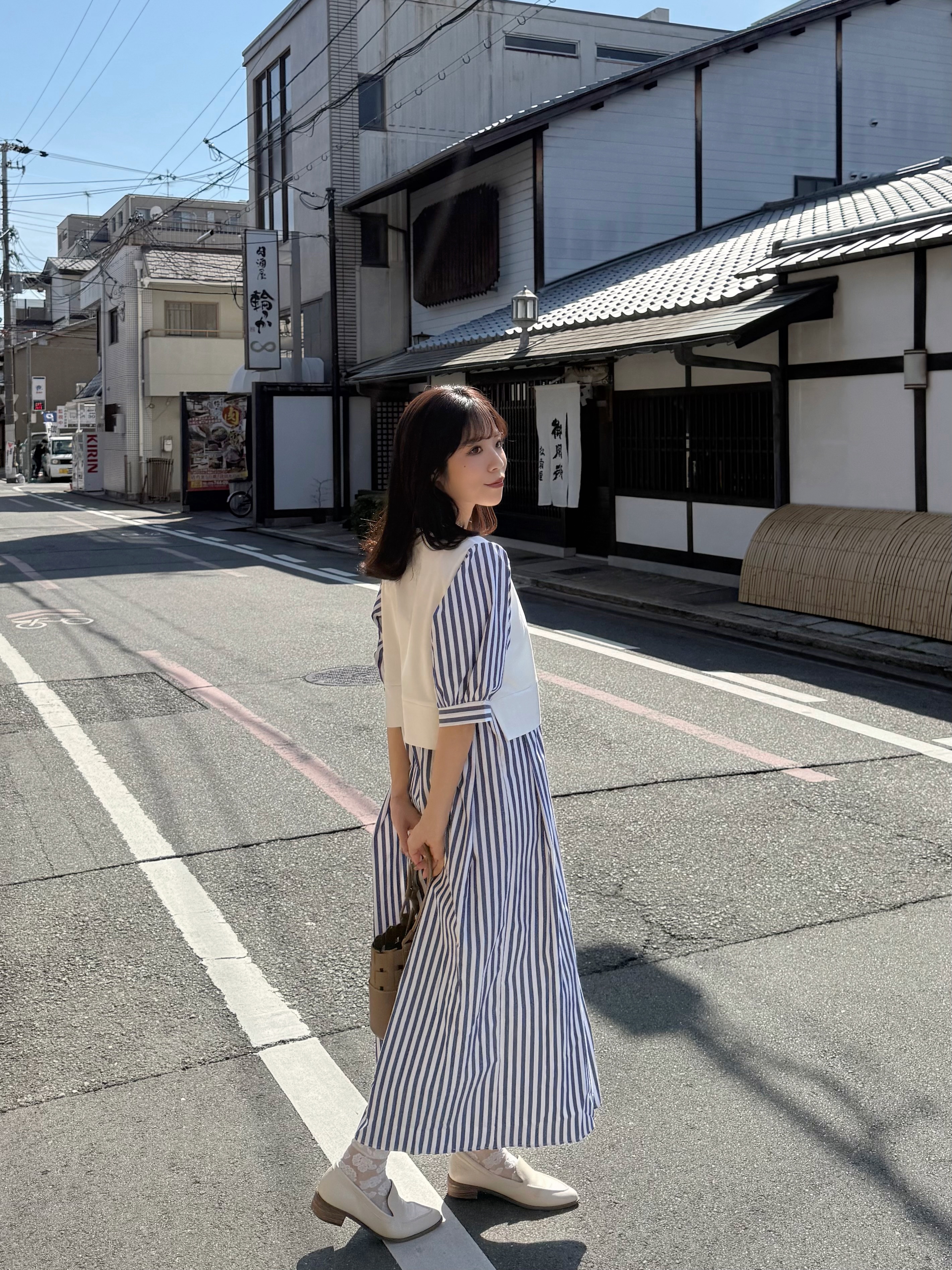 2色•5分袖直條紋拼色布連身裙