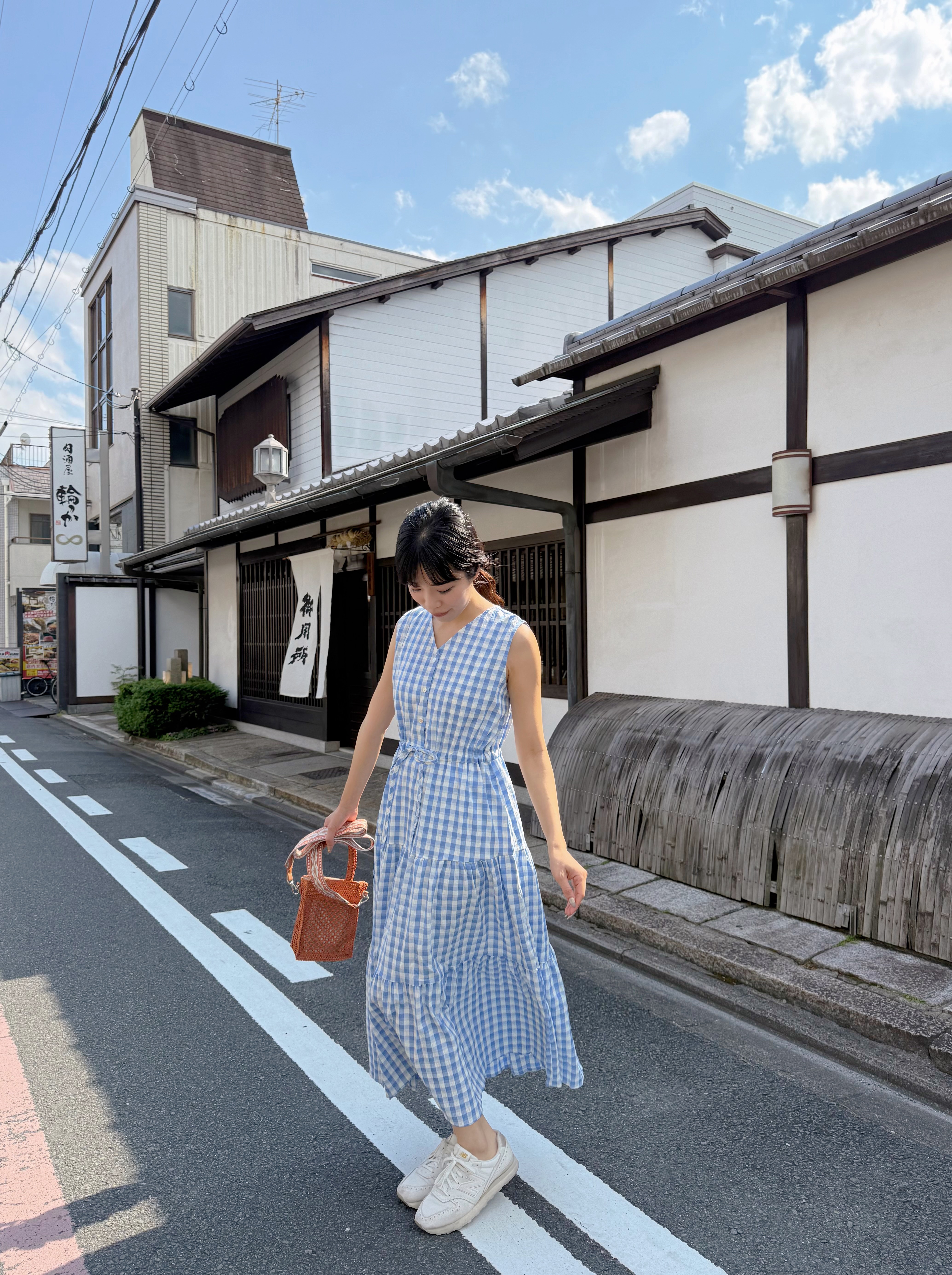 V領格仔背心雪紡連身裙