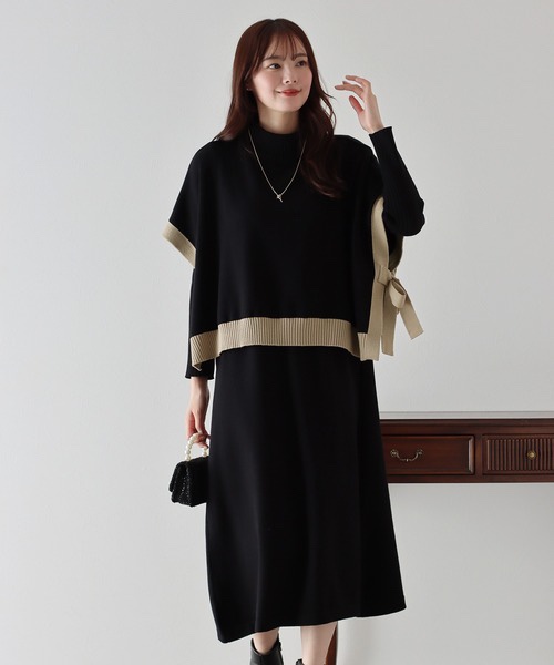 11色・M-LONG・側邊綁帶斗篷背心+螺紋針織長洋裝套裝