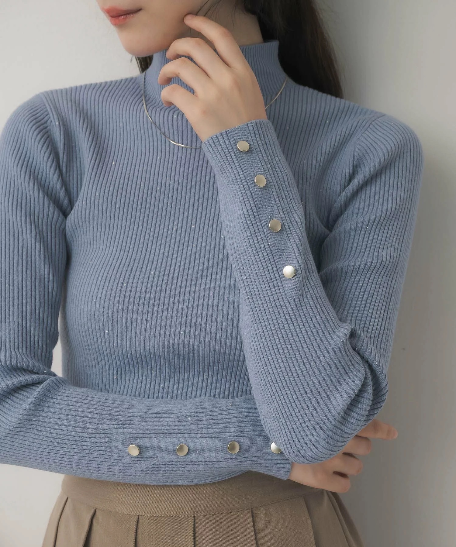 閃閃/ 淨色啞色扣閃閃企領針織