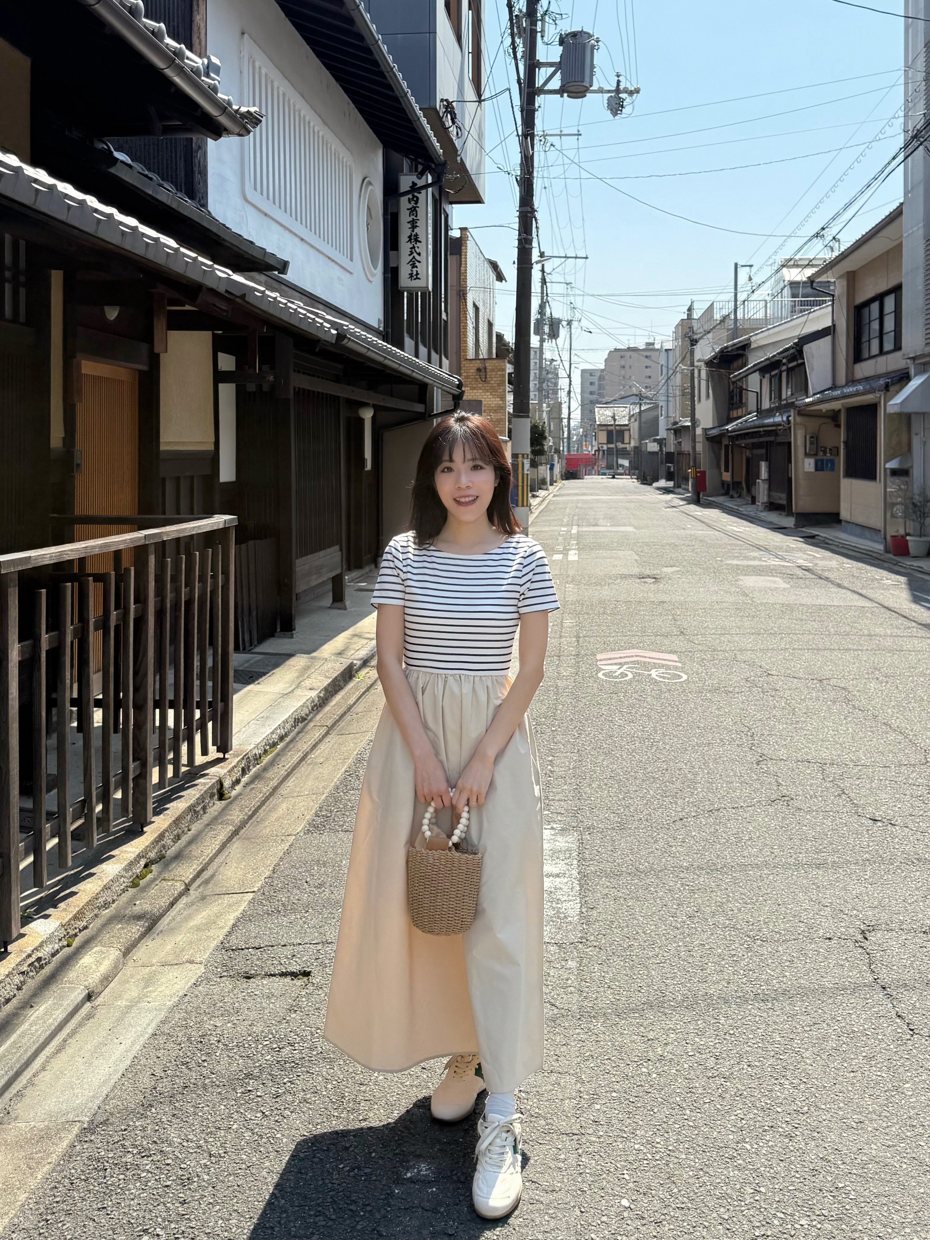 間條拼色修腰A line連身裙