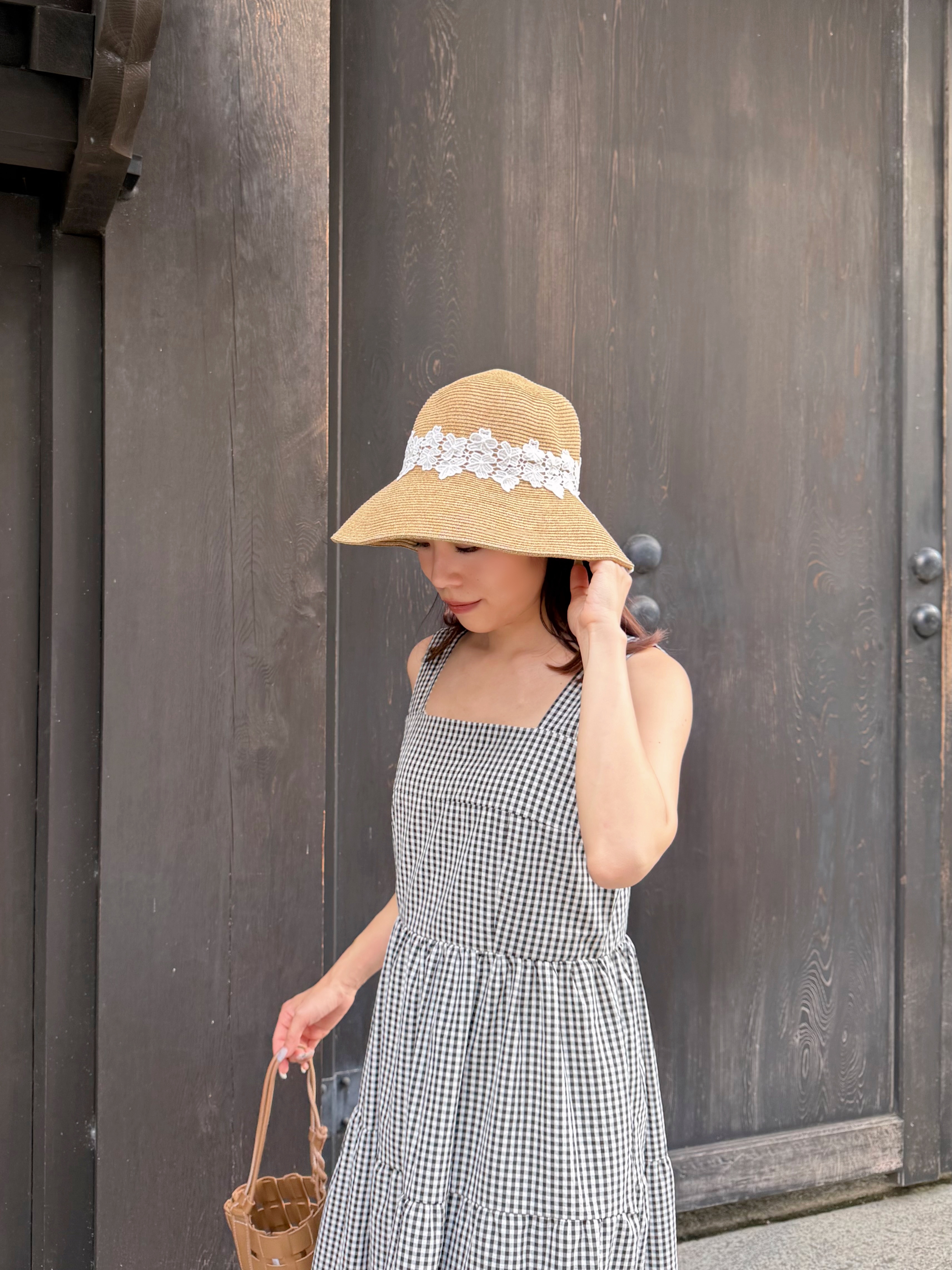 方領格仔背心(有裙袋)連身裙