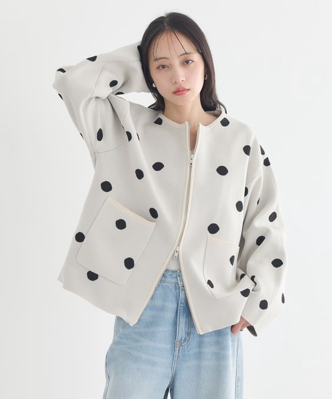 2色•波點防起毛粒針織拉鍊外套