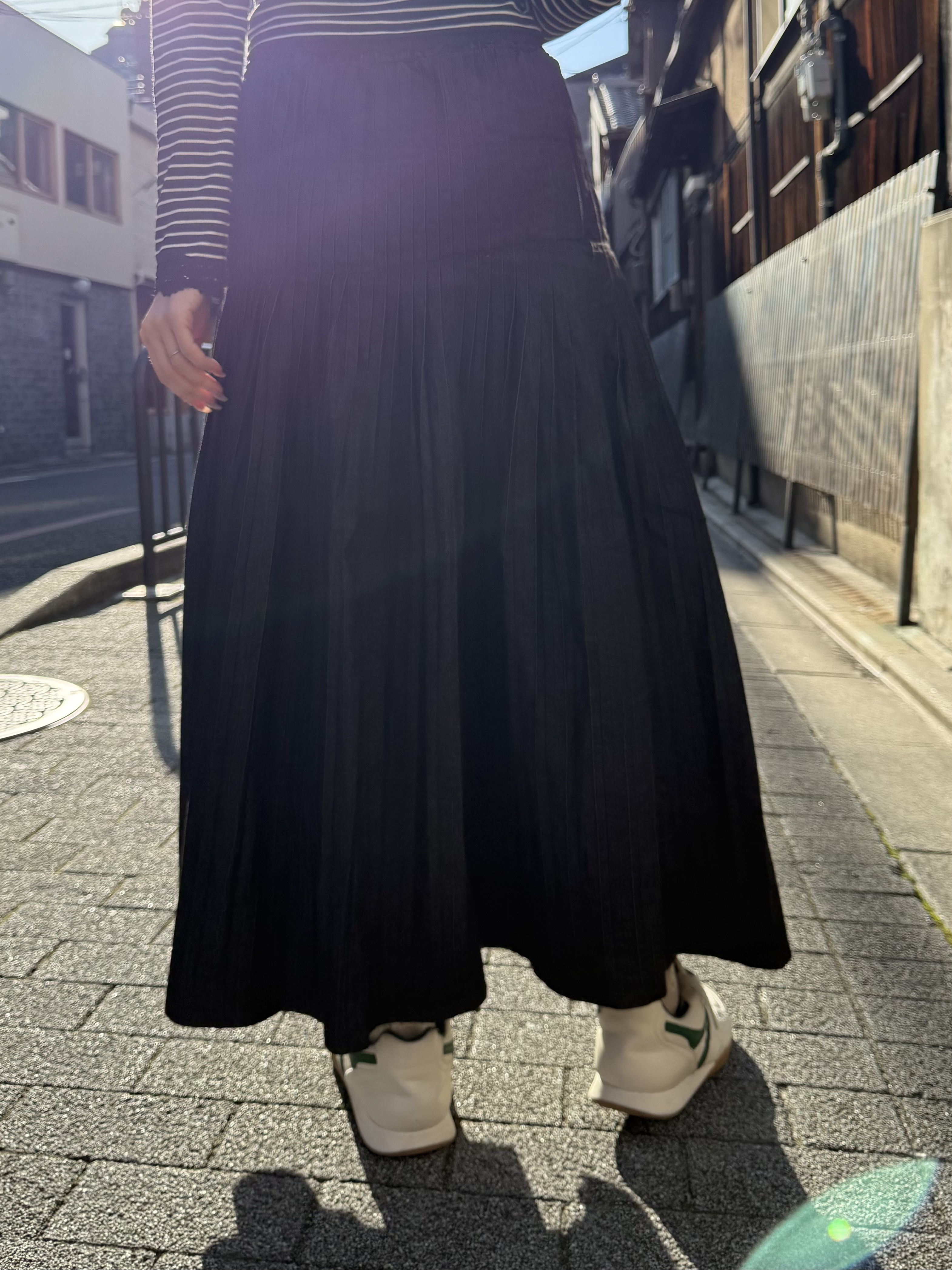 百褶牛仔長款半身裙