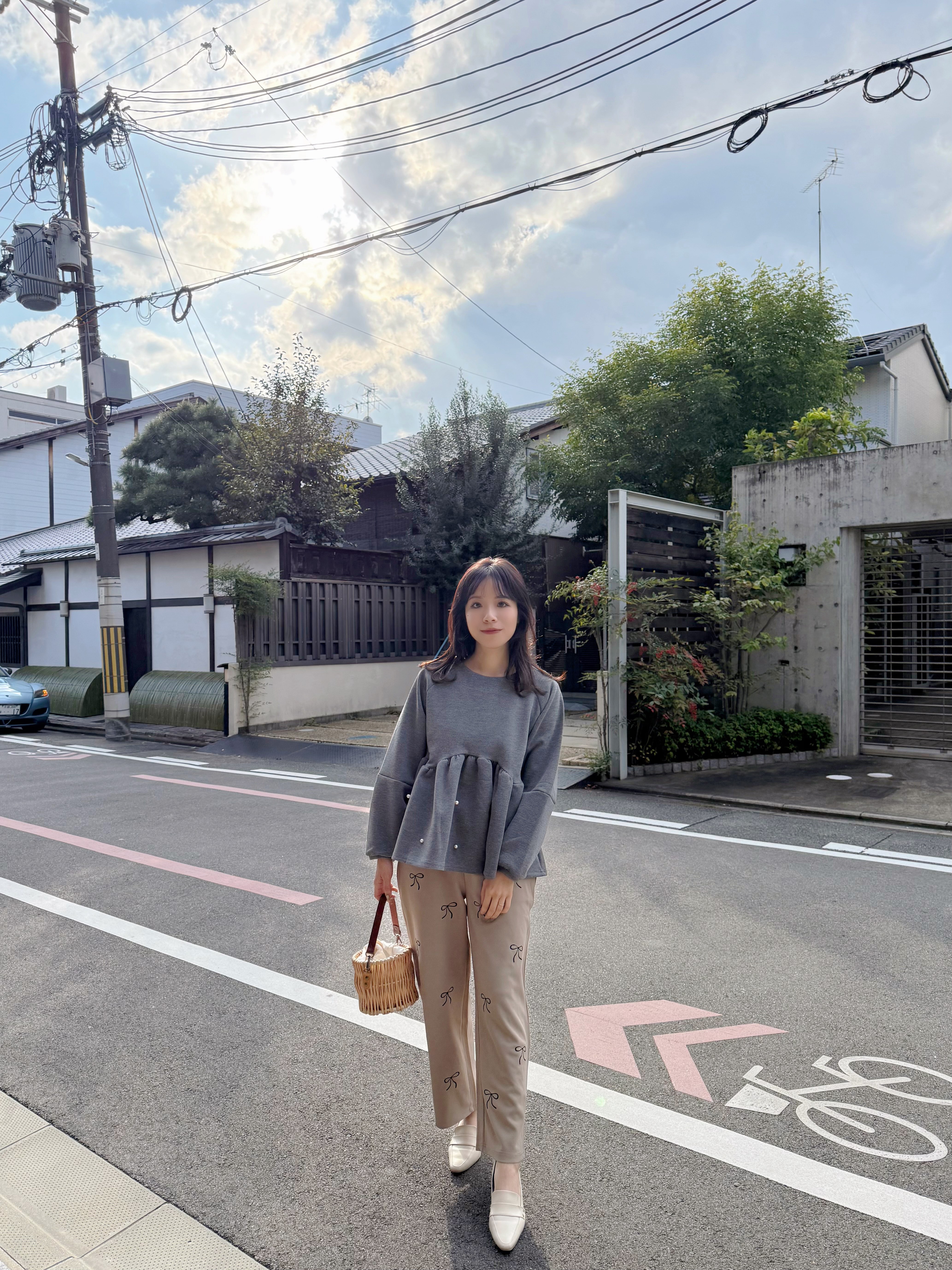 蝴蝶結刺繡雪紡直腳褲