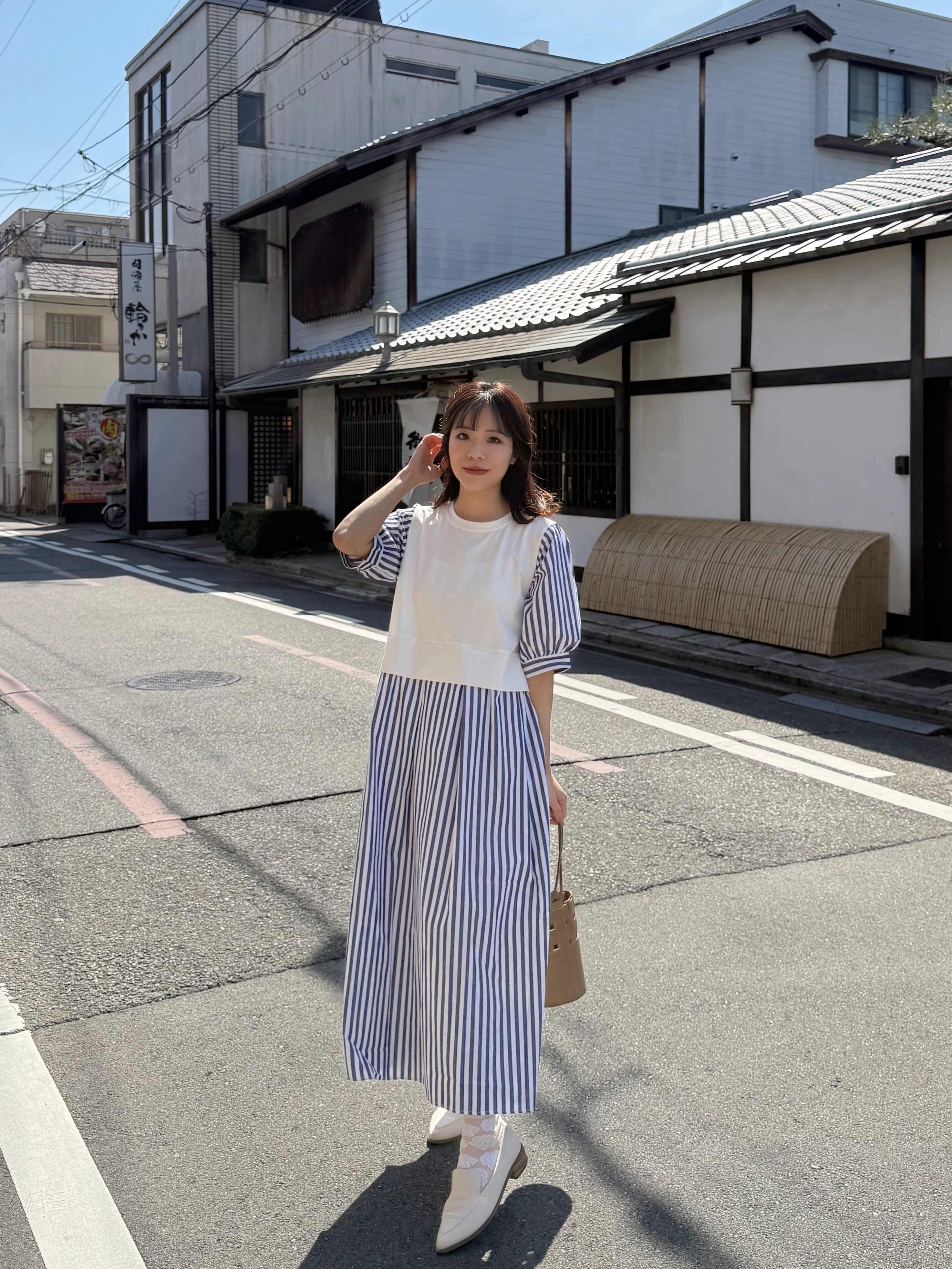 2色•5分袖直條紋拼色布連身裙