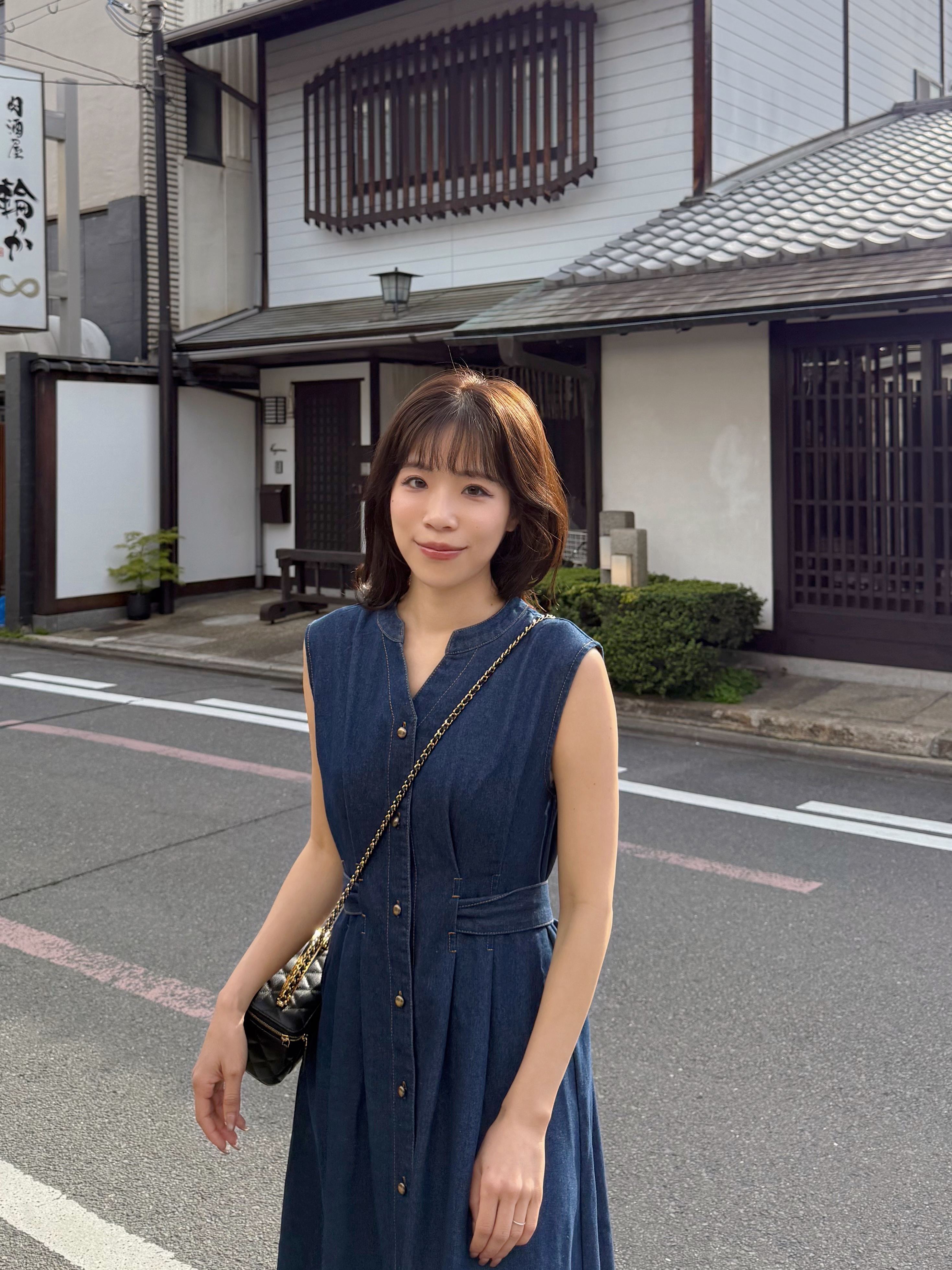 腰帶後蝴蝶結牛仔連身裙