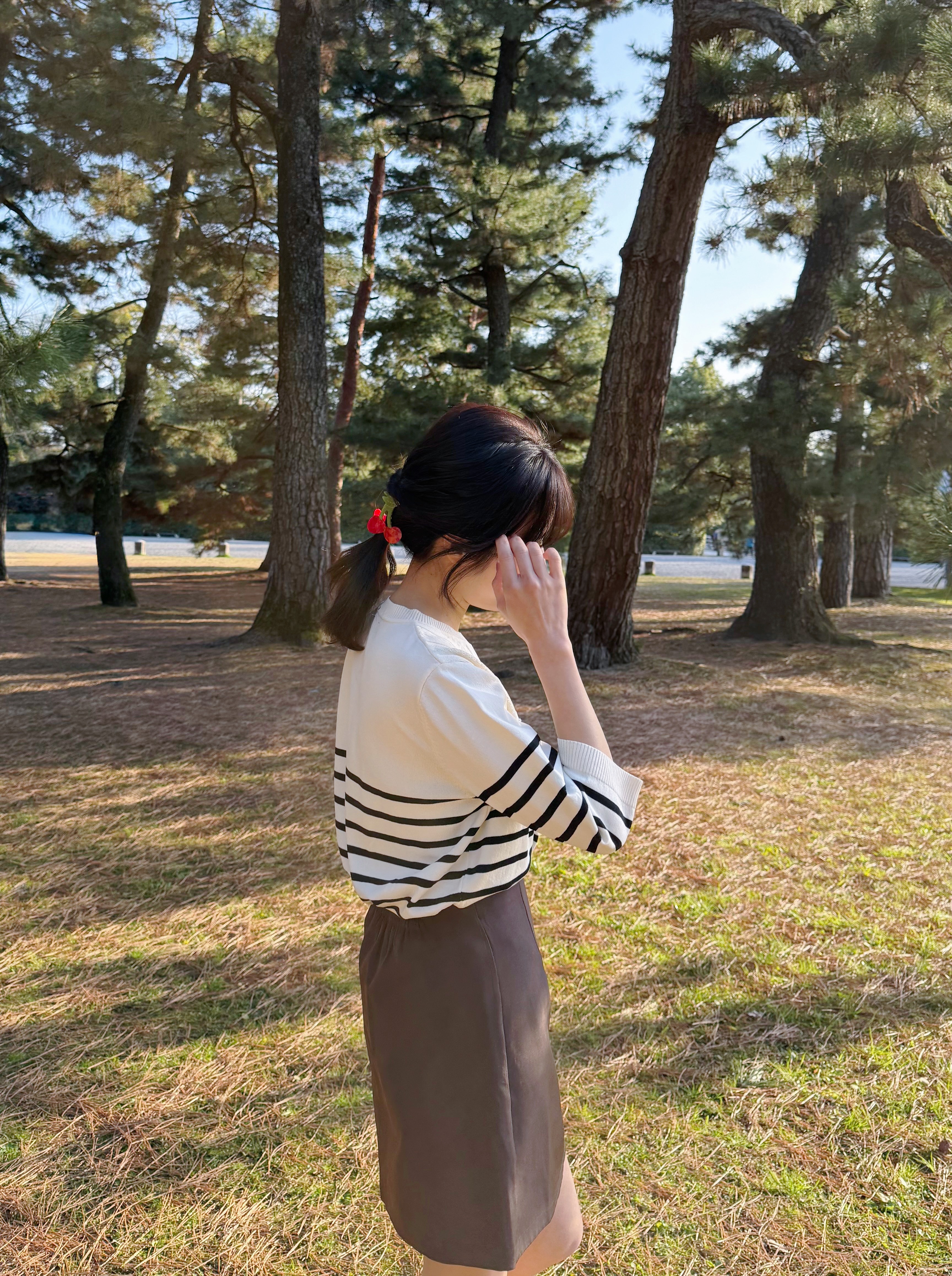 間條蕾絲邊7分袖薄款針織上衣