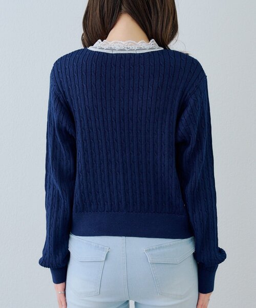 3色•蕾絲企領麻花針織外套