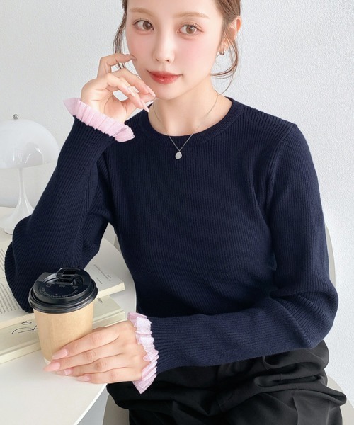 10色•M-L•圓領透紗荷葉袖口羅紋針織上衣