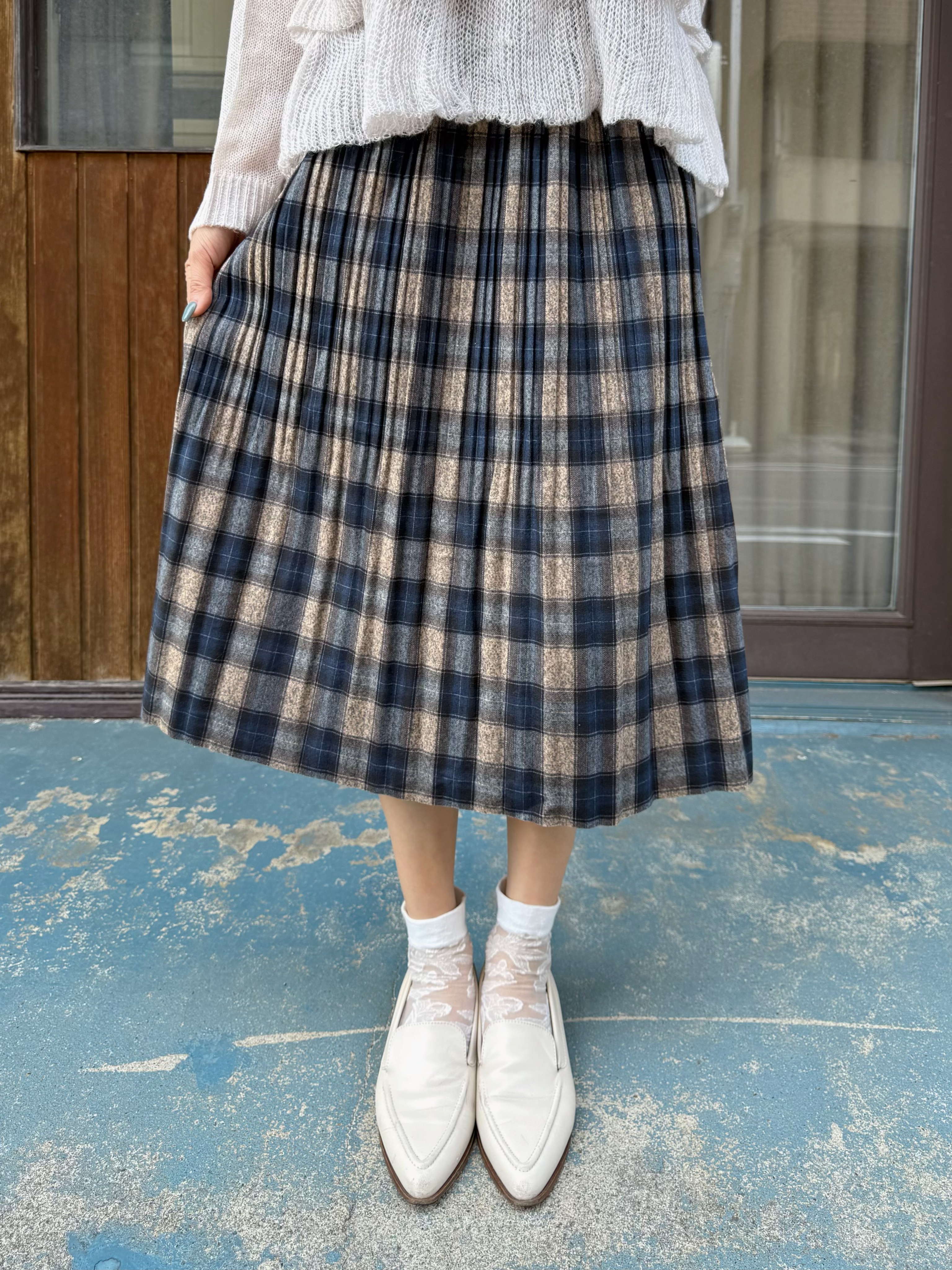 英倫風藍綠格紋薄絨長裙