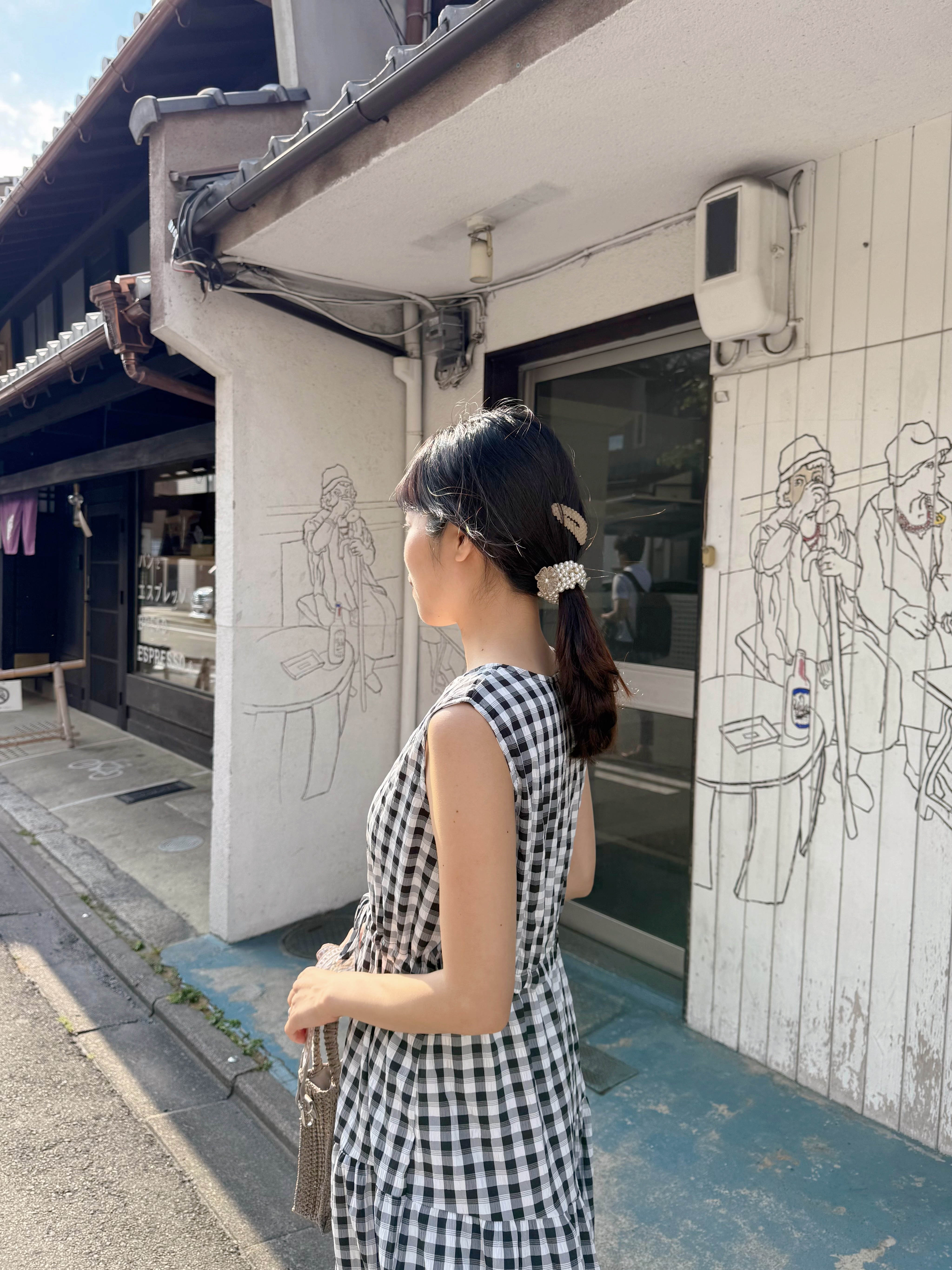 V領格仔背心雪紡連身裙