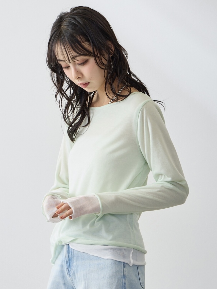 4色•假兩件拼色半透上衣