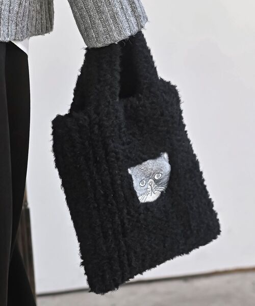 3色•Size F•貓咪刺繡羊羔絨手袋