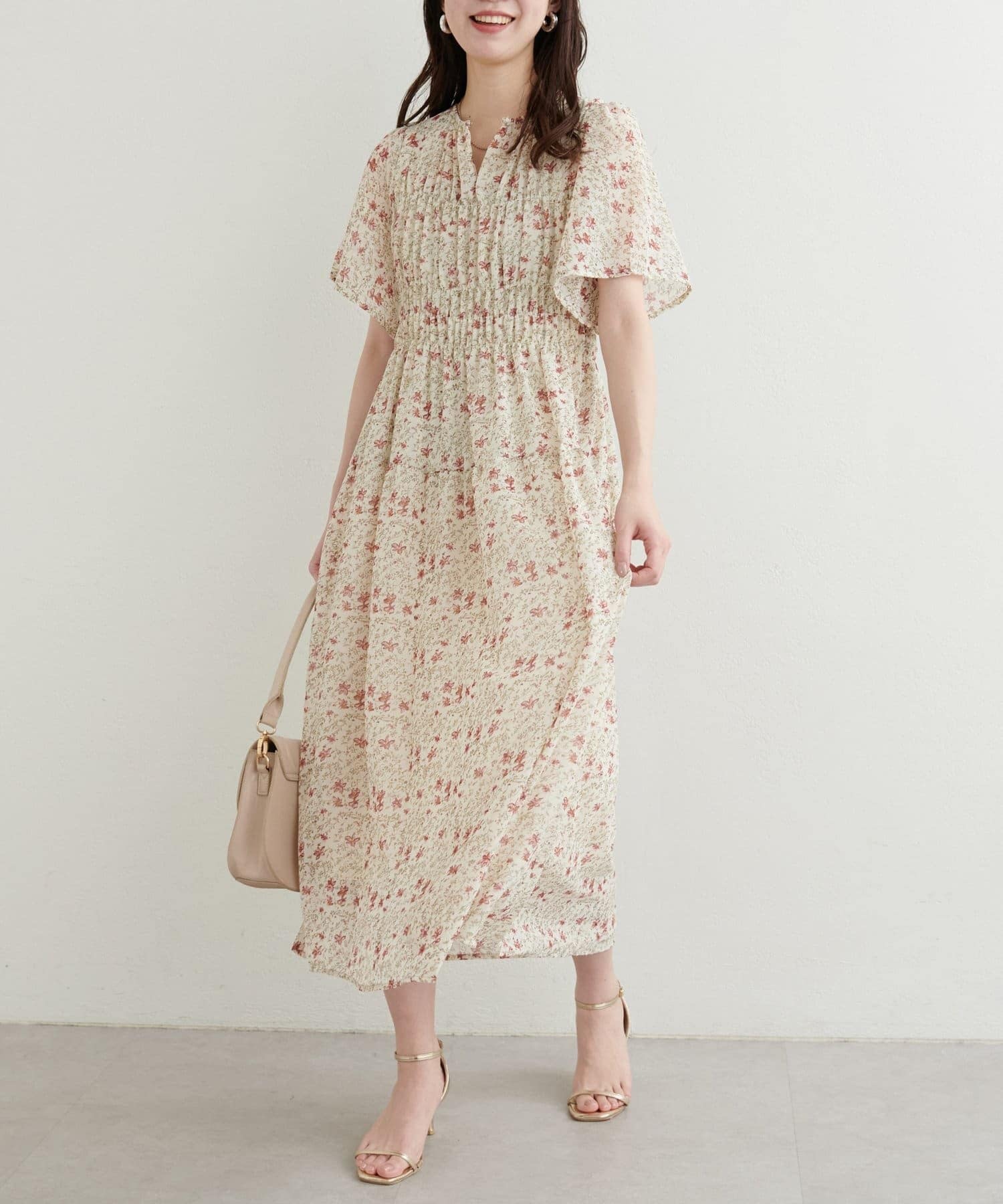 2Way前後傘袖碎花摺摺雪紡連身裙