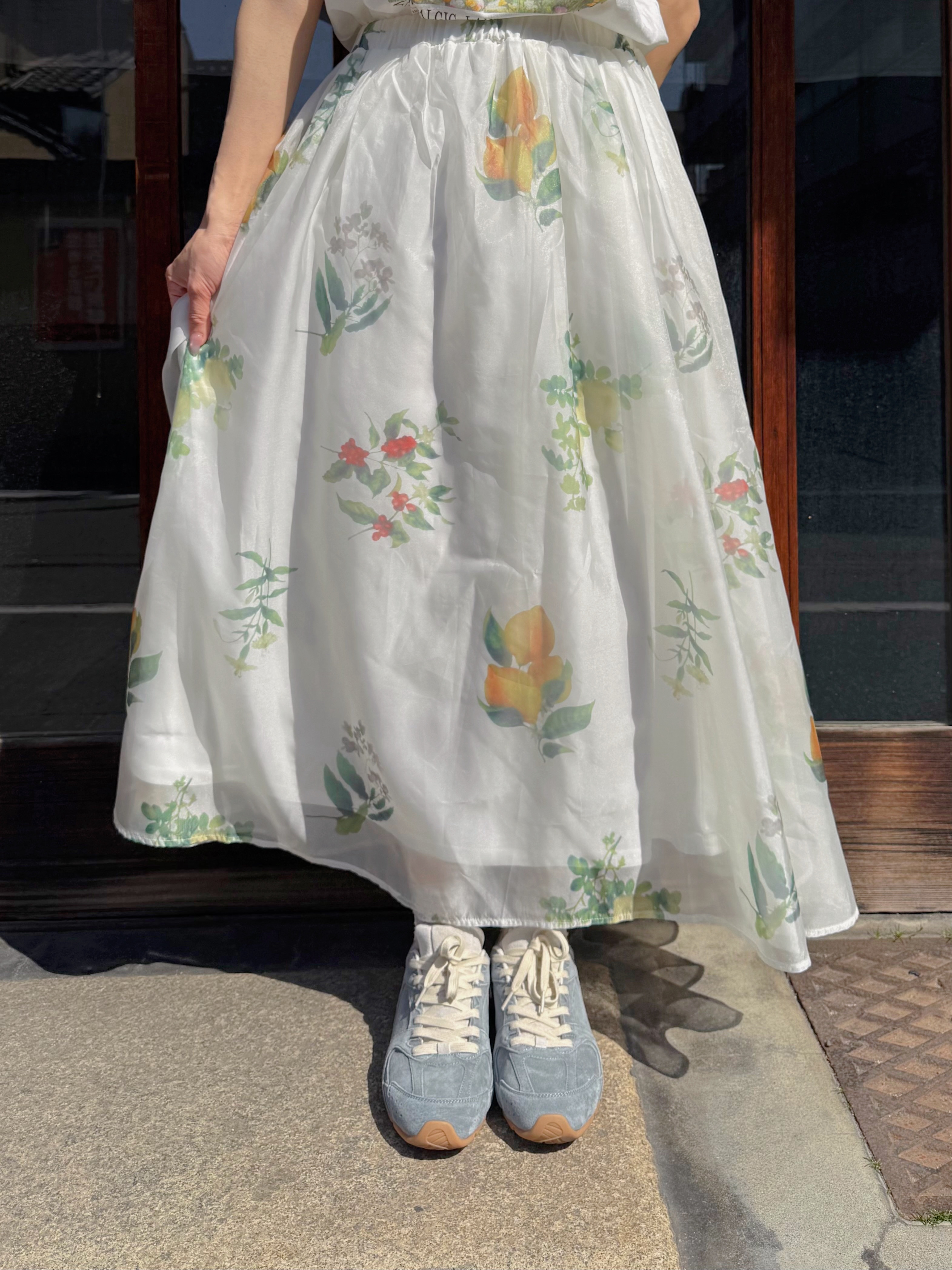 檸檬紅花光澤雪紡半身裙