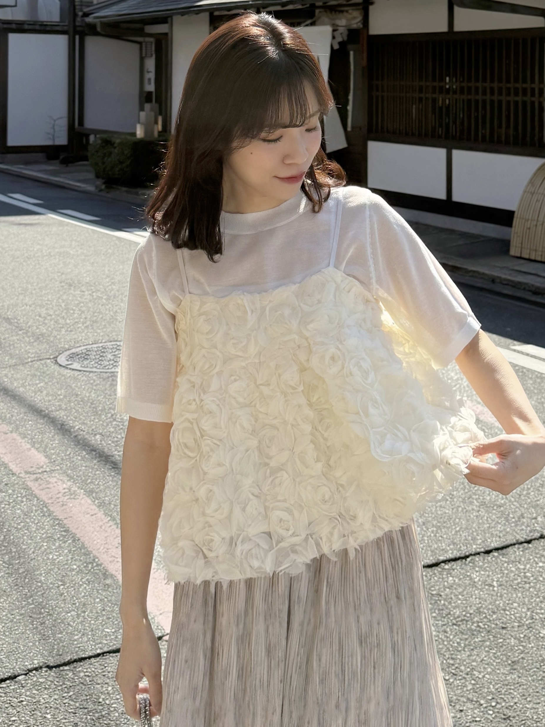 立體紗玫瑰花蓬蓬吊帶背心