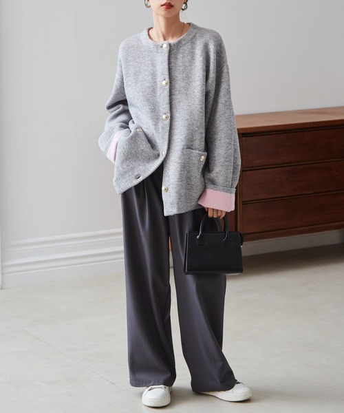 拼色金扣中長款針織外套