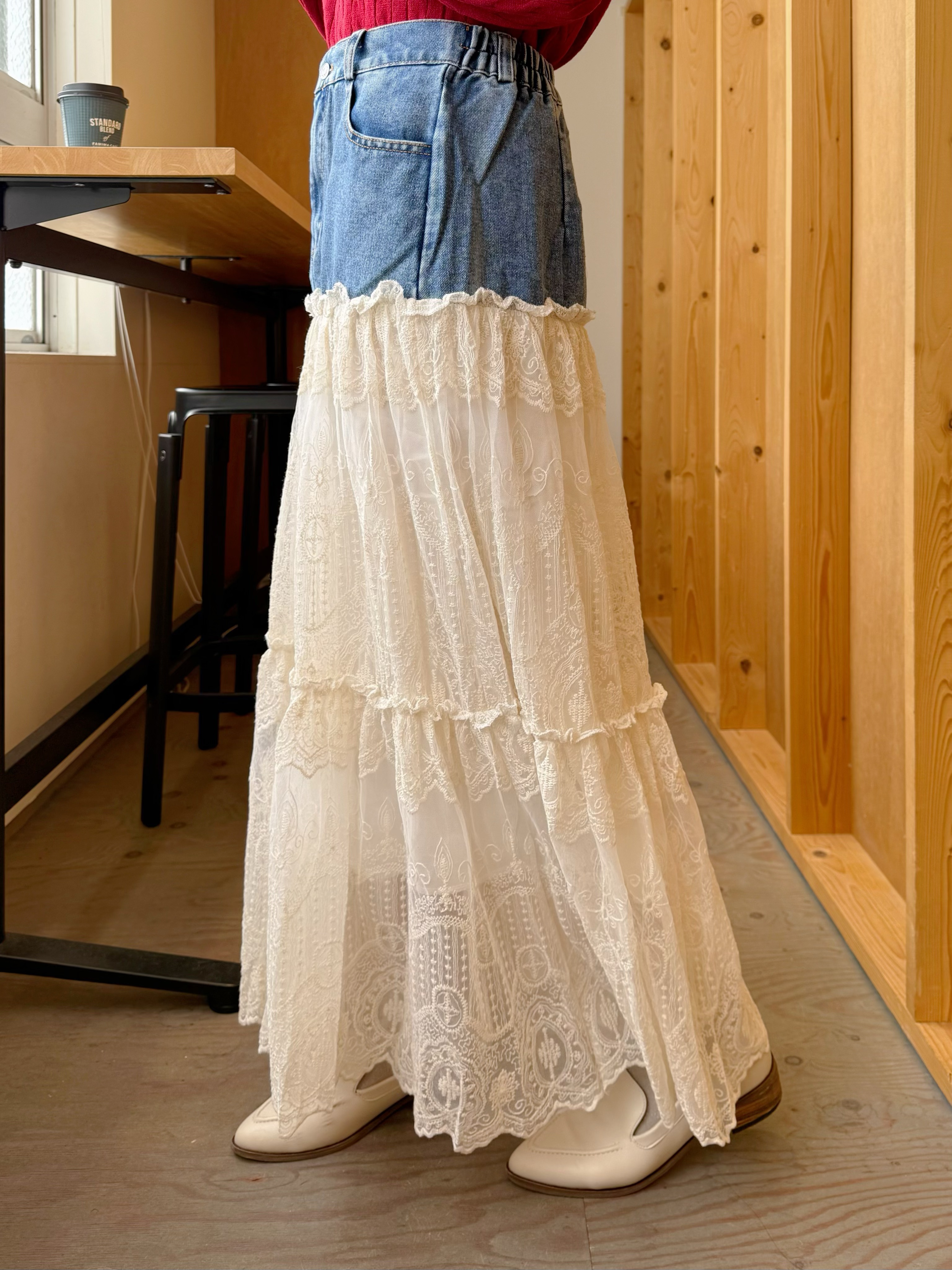 牛仔拼蕾絲A line半身裙