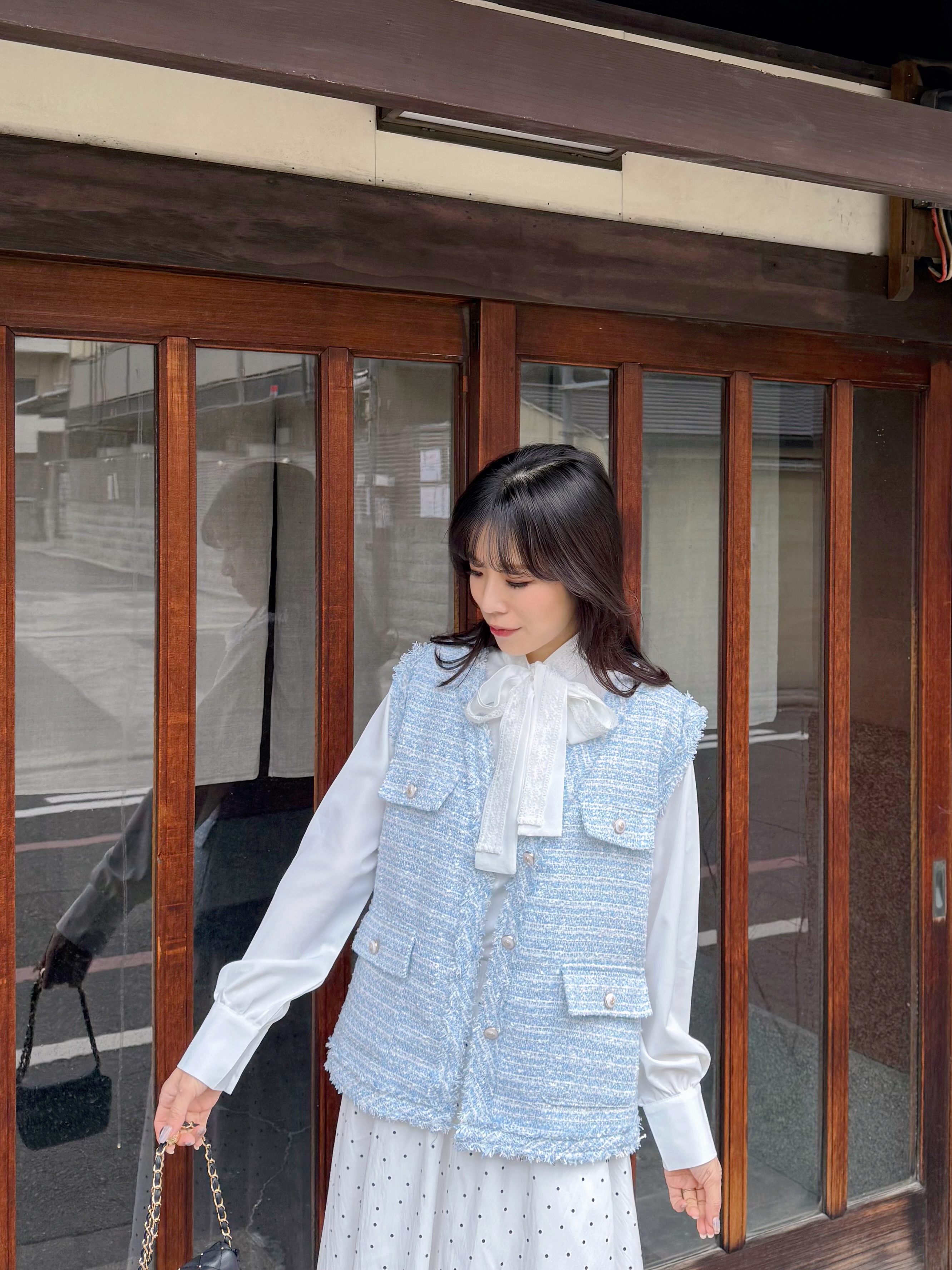 2色•銀絲Tweed流蘇邊背心外套