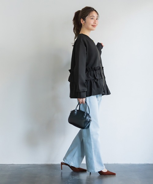 2色•拼接壓摺傘擺拉鍊外套