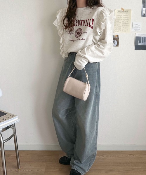 4色•S-LL碼•雙層薄紗荷葉邊字母刺繡衛衣
