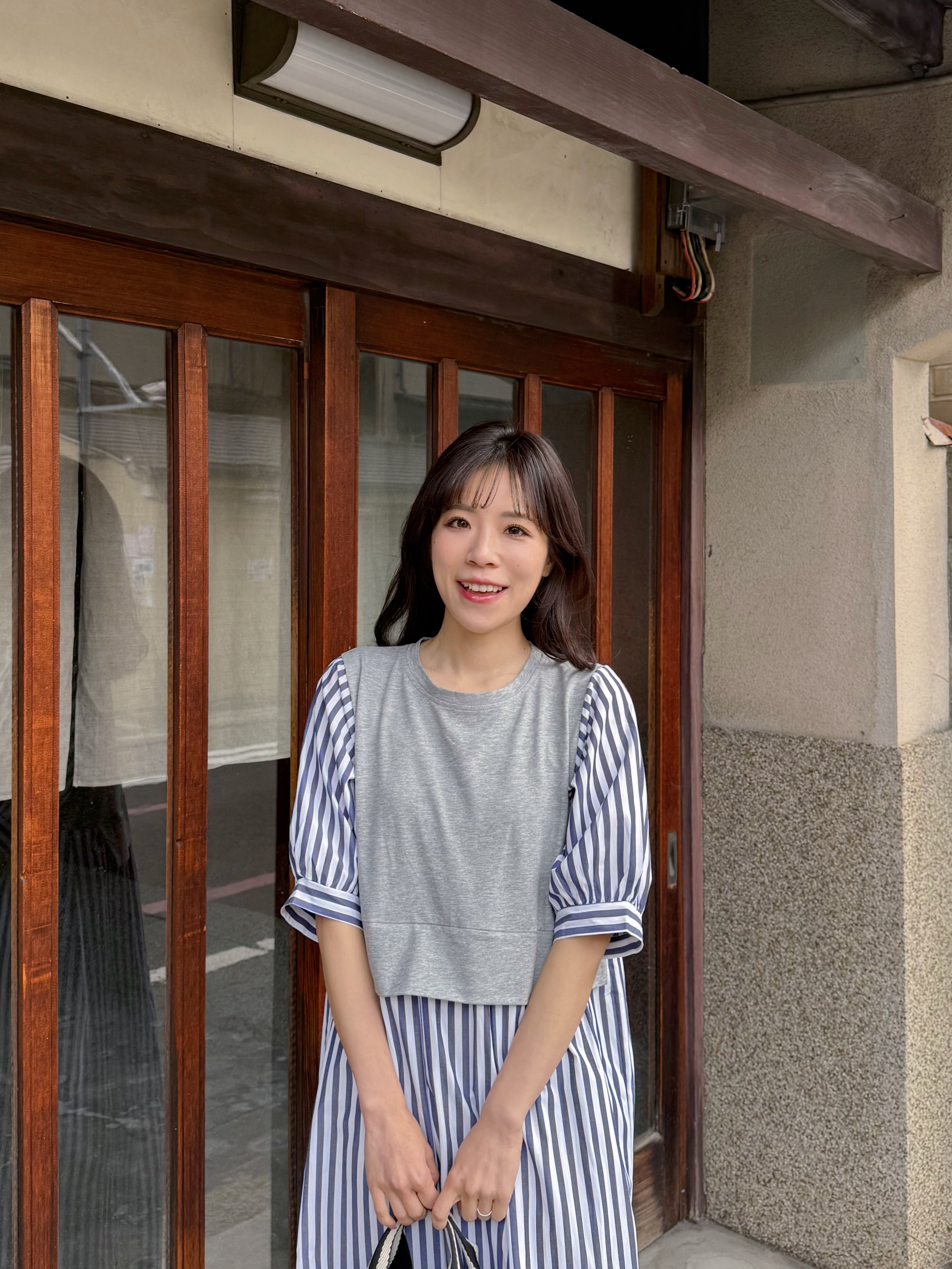 2色•5分袖直條紋拼色布連身裙