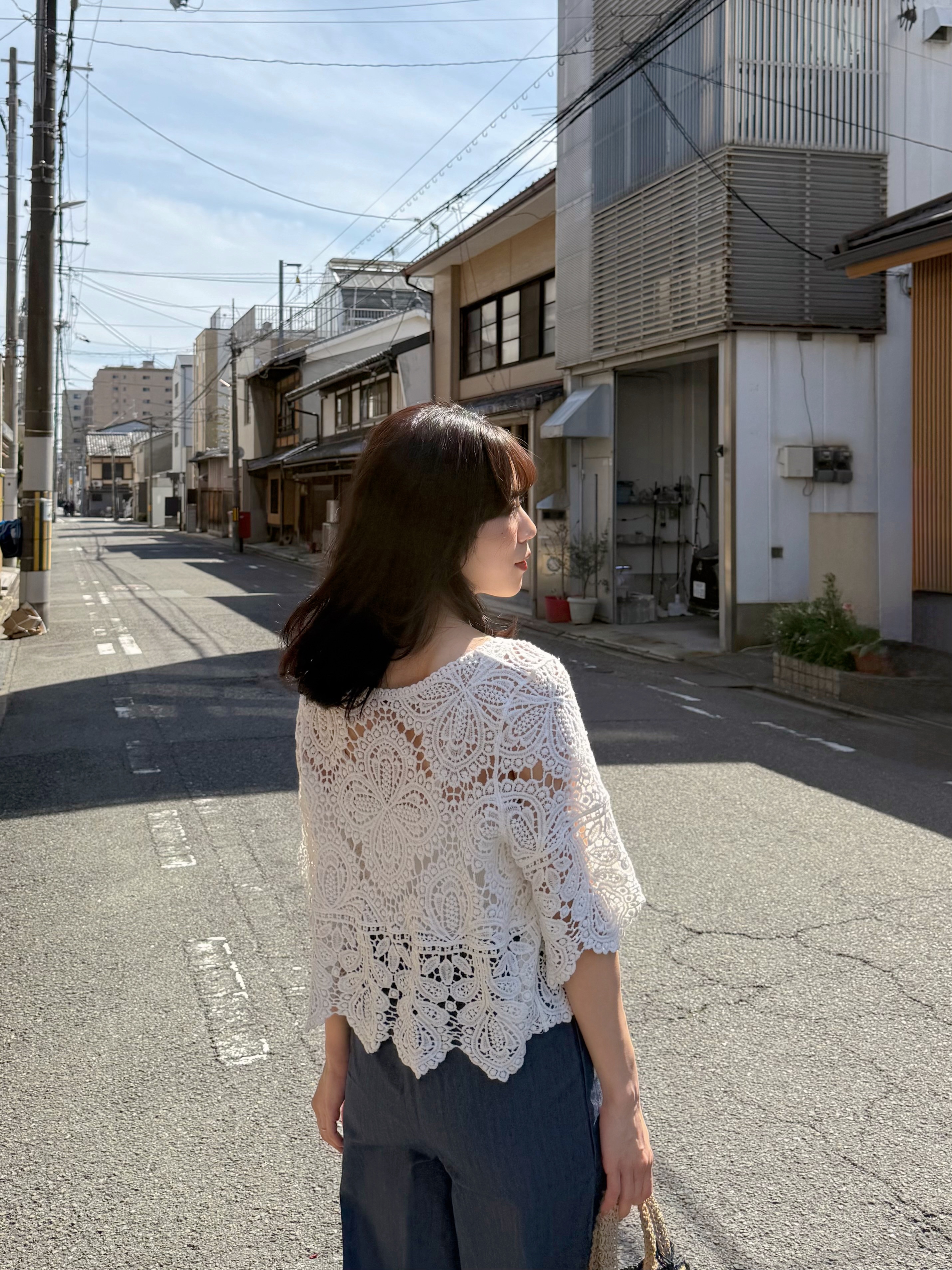 5分傘袖鏤空上衣