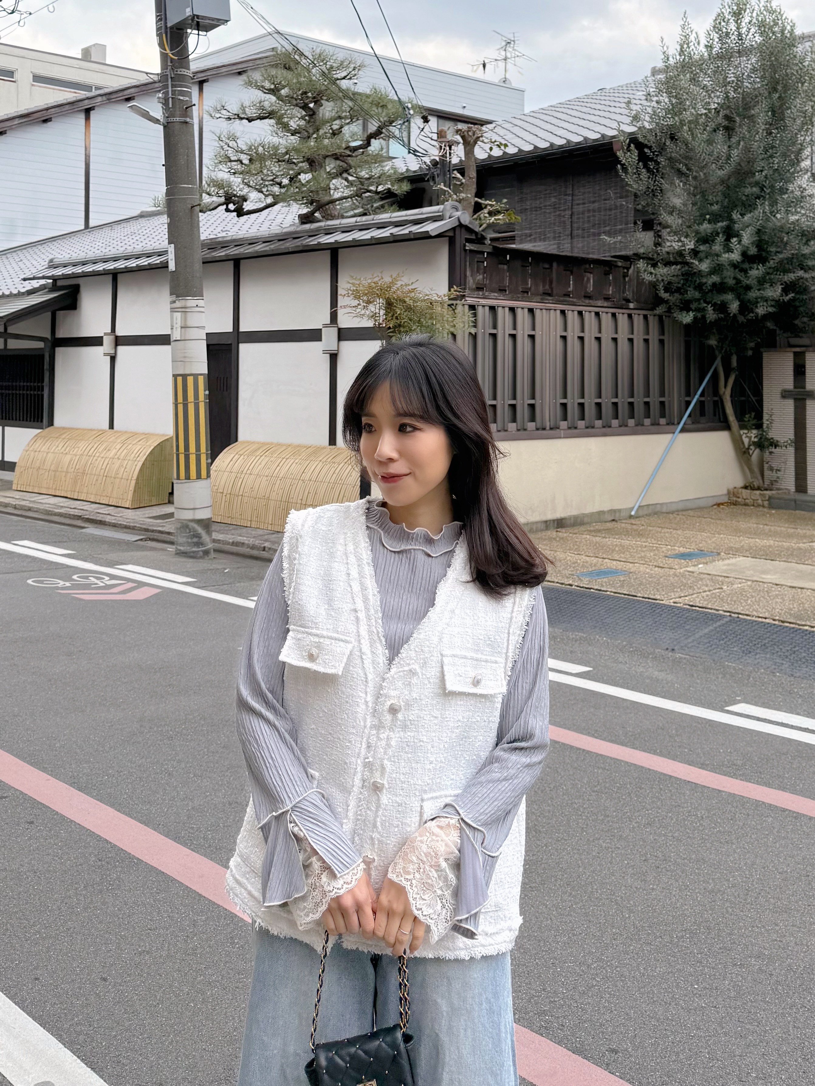 2色•銀絲Tweed流蘇邊背心外套