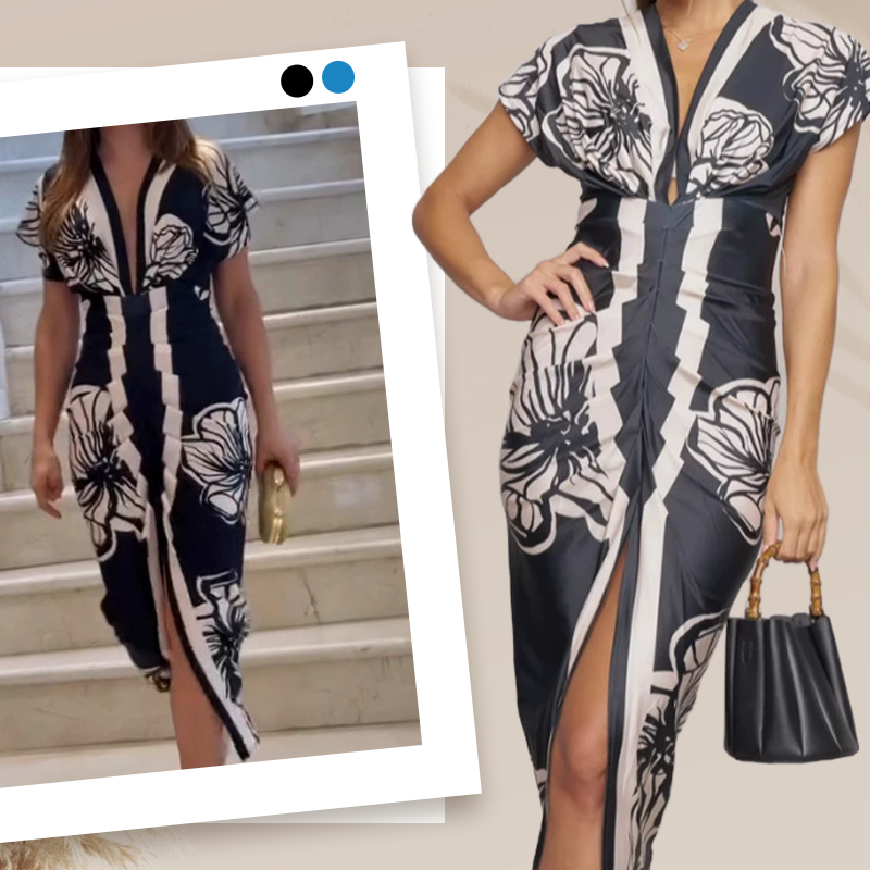 فستان ماكسي ضيق بطبعة وياقة على شكل V عميقة