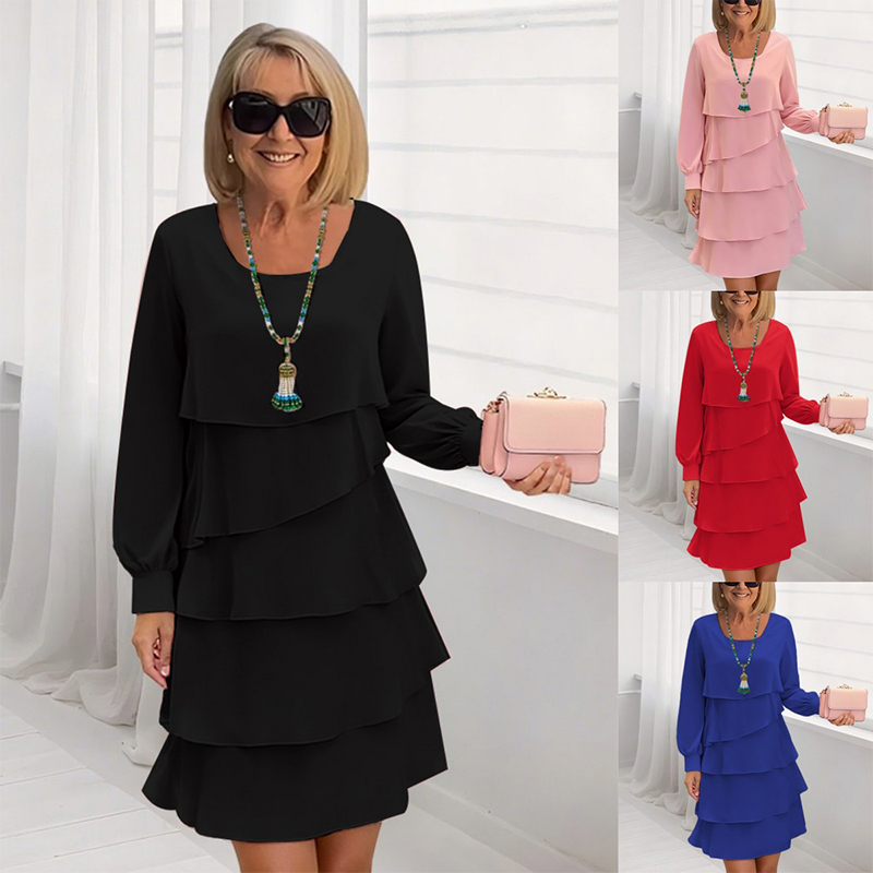 فستان نسائي طويل الأكمام بطبقات وكشكشة