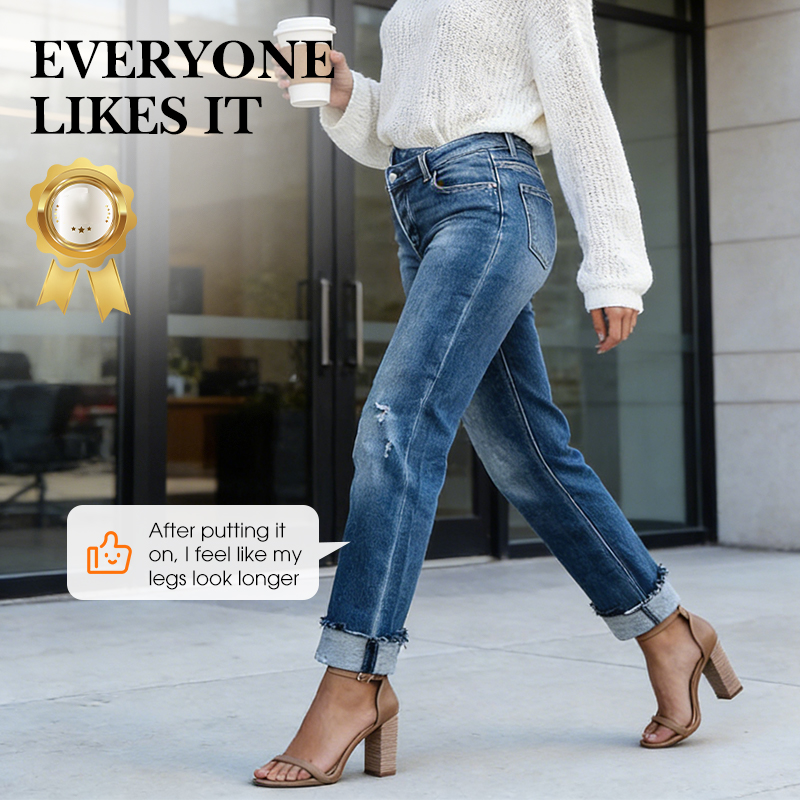 جينز نسائي بخصر عالٍ وساق مستقيمة وقابل للتمدد