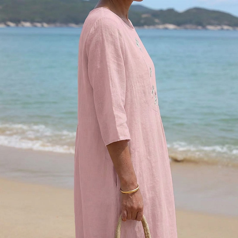 فستان نسائي كاجوال فضفاض بطول متوسط مع تطريز