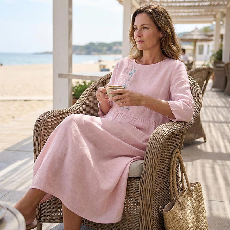 فستان نسائي كاجوال فضفاض بطول متوسط مع تطريز