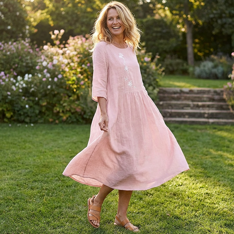 فستان نسائي كاجوال فضفاض بطول متوسط مع تطريز