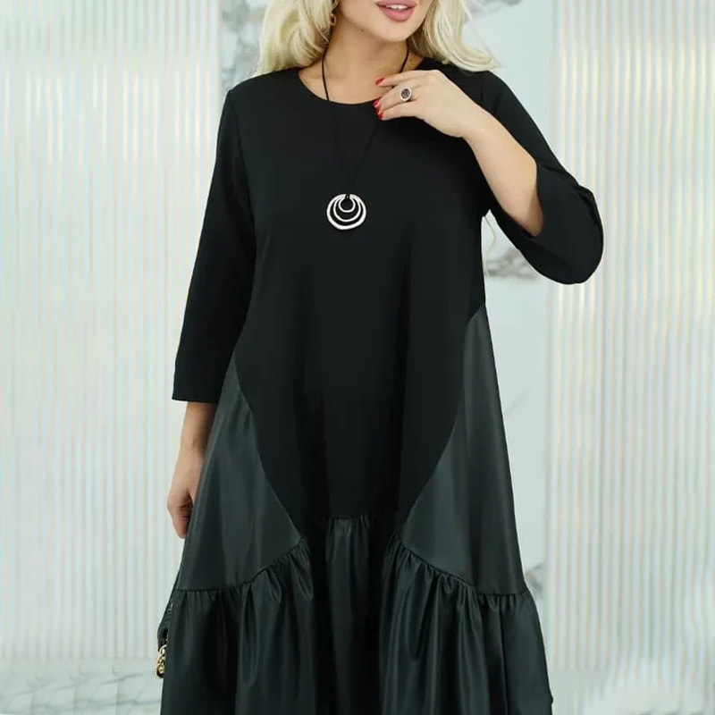 فستان نسائي برقبة دائرية وحاشية مطوية