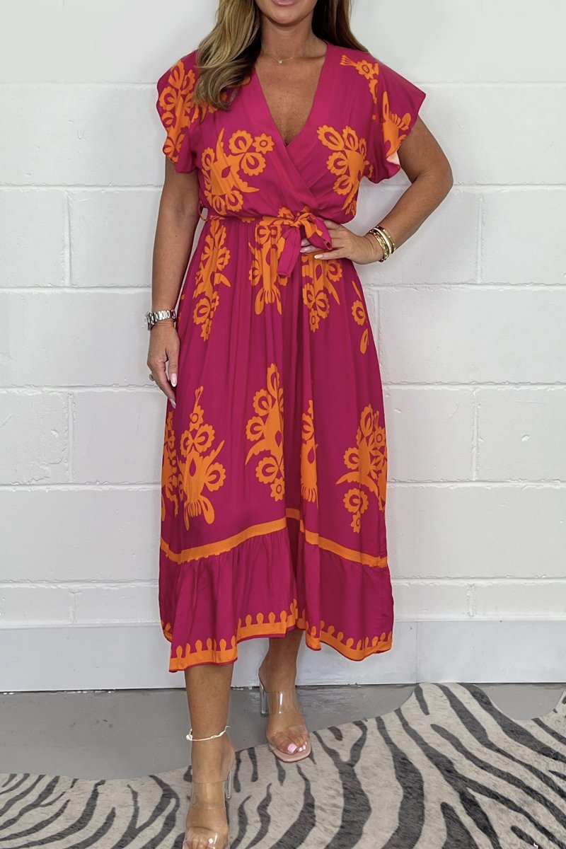 فستان صيفي بأكمام كشكش بأربطة عنق على شكل V للبنات بمقاسات كبيرة