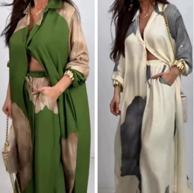 🩷عرض خاص للصيف🌼 طقم قميص طويل بأزرار كاملة وبنطلون برباط