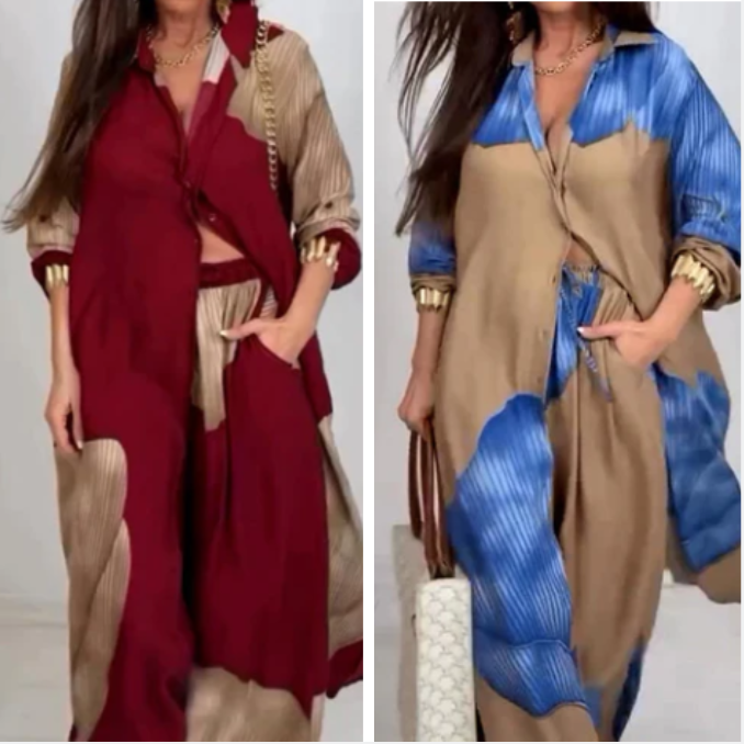 🩷عرض خاص للصيف🌼 طقم قميص طويل بأزرار كاملة وبنطلون برباط