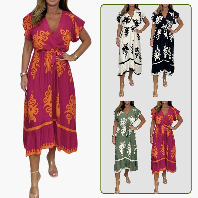 فستان صيفي بأكمام كشكش بأربطة عنق على شكل V للبنات بمقاسات كبيرة