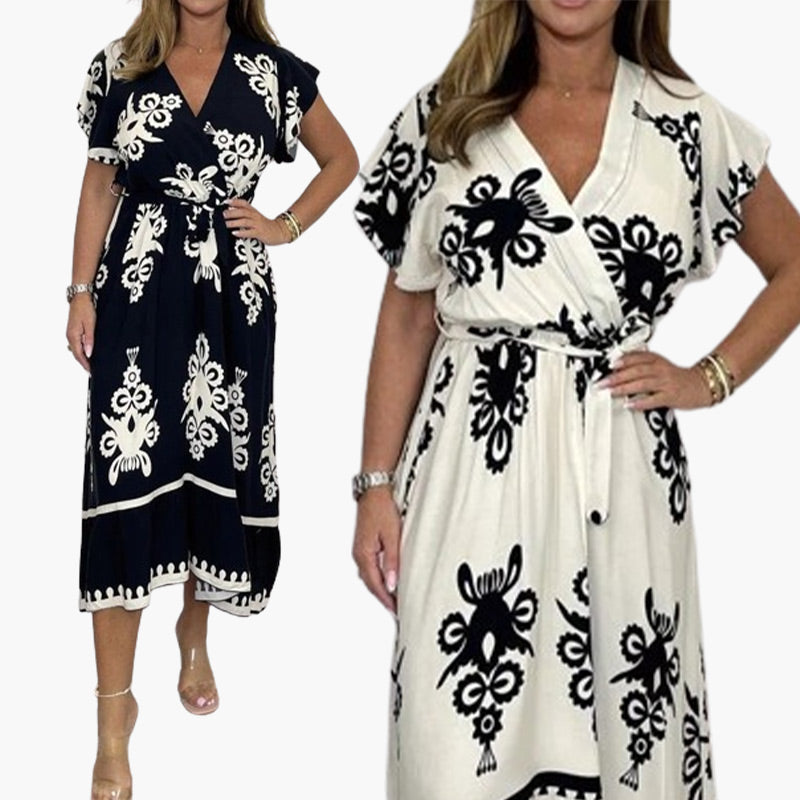 فستان صيفي بأكمام كشكش بأربطة عنق على شكل V للبنات بمقاسات كبيرة