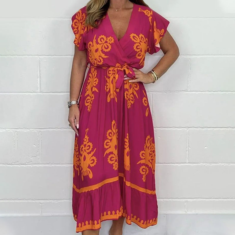 فستان صيفي بأكمام كشكش بأربطة عنق على شكل V للبنات بمقاسات كبيرة