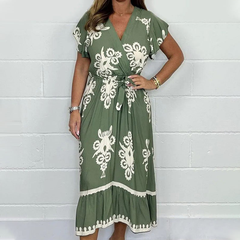 فستان صيفي بأكمام كشكش بأربطة عنق على شكل V للبنات بمقاسات كبيرة